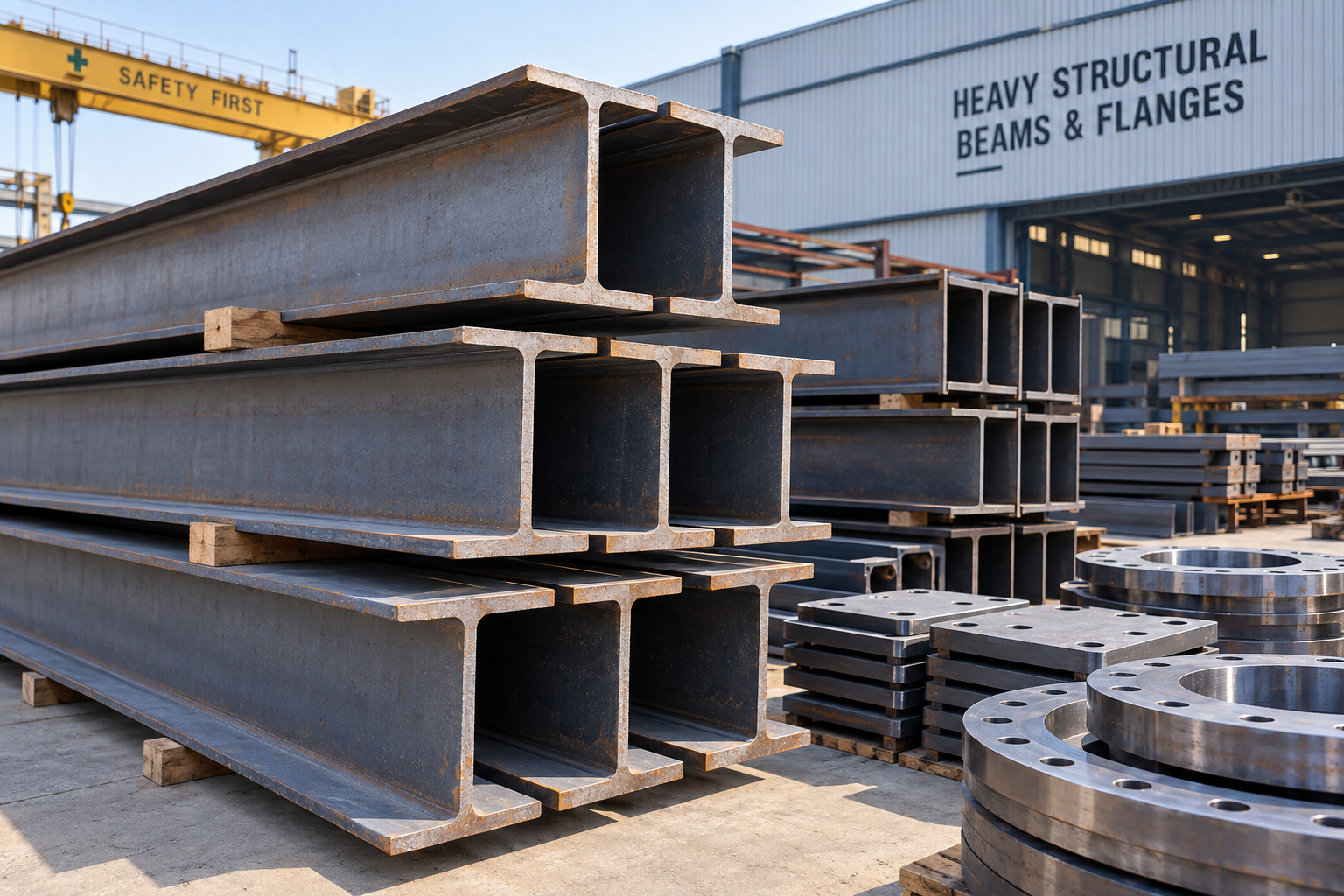 Massive industrial steel warehouse with neatly stacked heavy structural steel I-beams